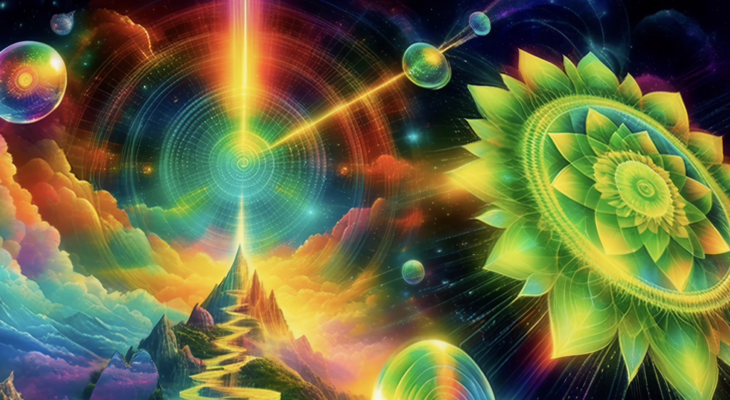 Beam of light connecting a planet to a radiant mandala while nebula clouds and orbs drift across a starry sky.